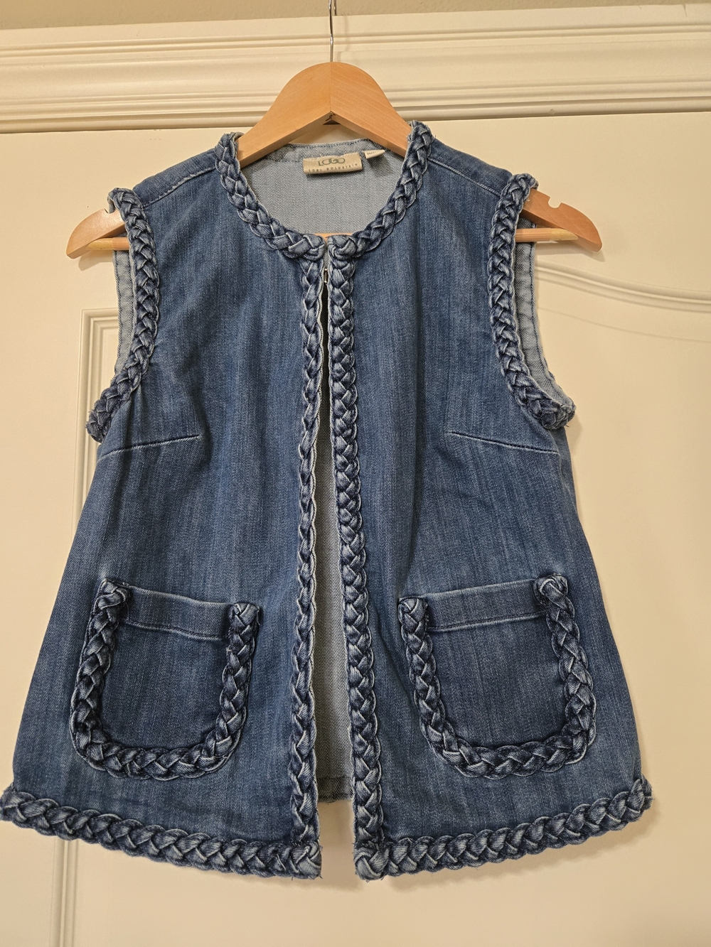 LOGO by Lori Goldstein Braided-Trim Denim Vest in Blue Stylish Fall Layering